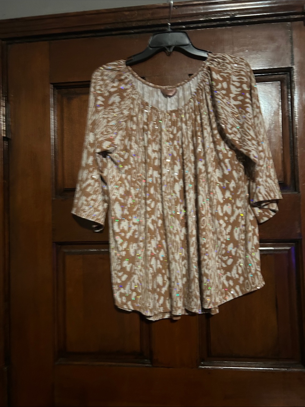 Relaxed Fit Printed Peasant Blouse in Light Brown
